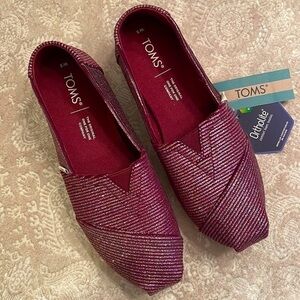 Brand New Toms Cabernet Glitter Rib Knit Slip On Shoes Casual Sparkly Canvas